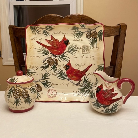 Maxcera “Warm Wishes” Plate/Creamer/Sugar Bowl Set - Seasons Greetings Cardinals - Picture 1 of 16